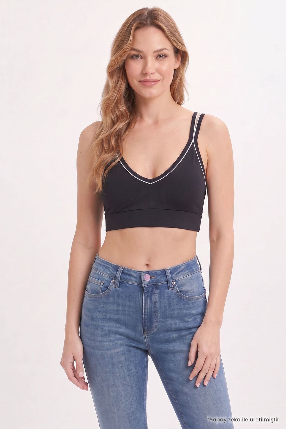 Kadın Slim Fit Dar Kesim Çapraz Bağlamalı Askılı V Yaka Siyah Crop 