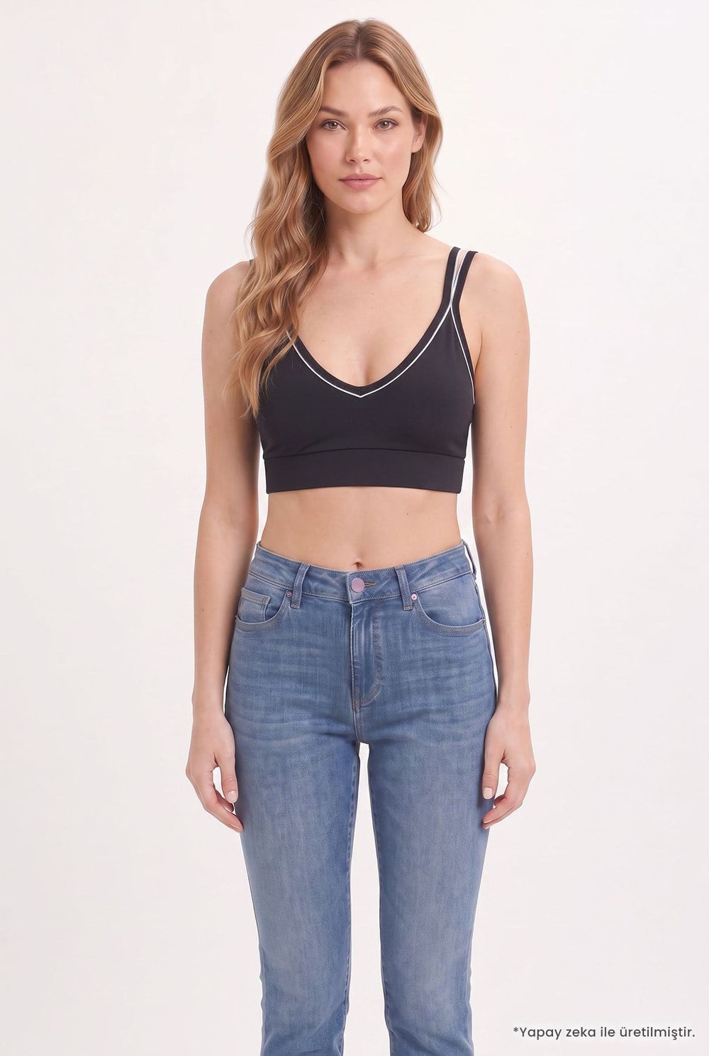 Kadın Slim Fit Dar Kesim Çapraz Bağlamalı Askılı V Yaka Siyah Crop 