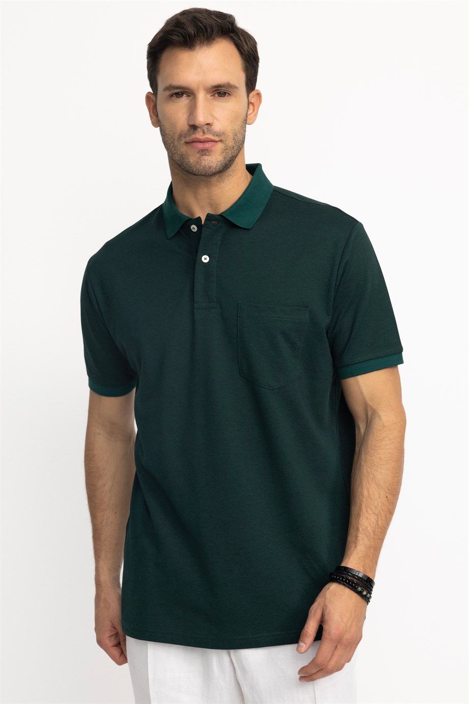 Erkek Polo Yaka Klasik Fit Düz Pamuklu Cepli Pike Tişört