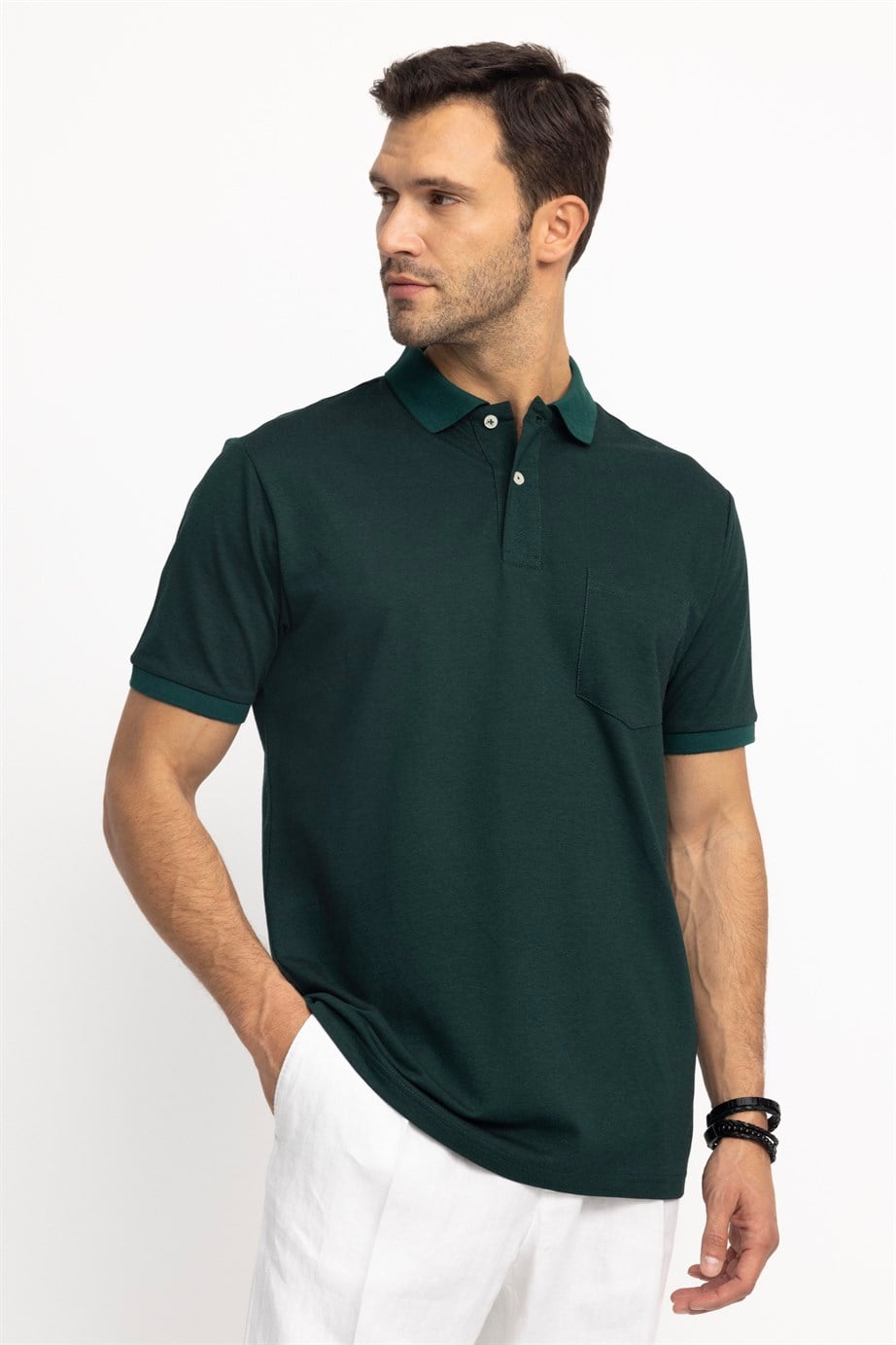 Erkek Polo Yaka Klasik Fit Düz Pamuklu Cepli Pike Tişört