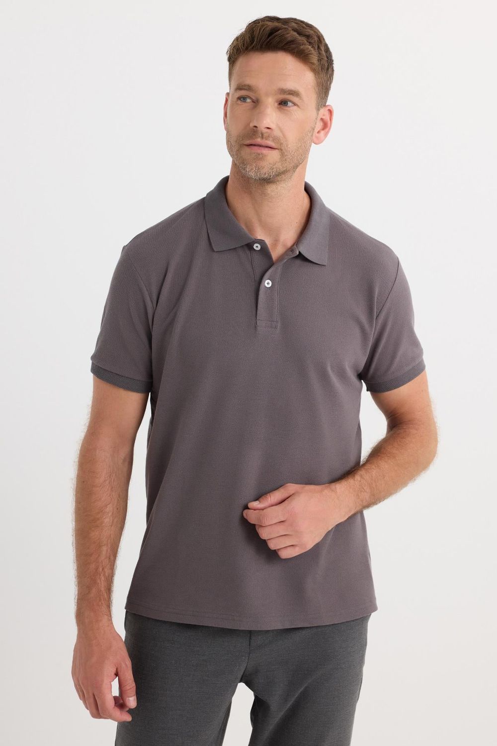 Erkek Regular Fit Klasik Kesim Pamuklu Yumuşak Dokulu Serin Tutan Kumaş Düz Gri Polo Yaka Tişört