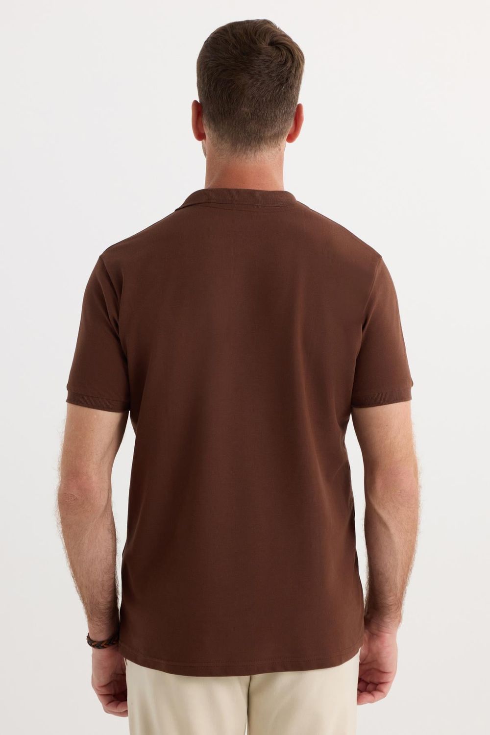 Erkek Regular Fit Klasik Kesim %100 Pamuk Düz Pike Koyu Kahverengi Polo Yaka Tişört