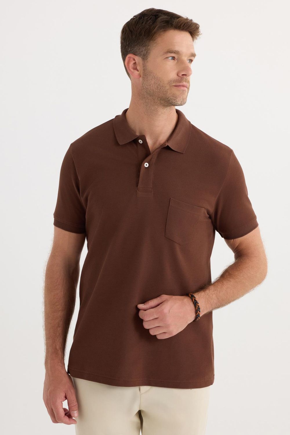 Erkek Regular Fit Klasik Kesim %100 Pamuk Düz Pike Koyu Kahverengi Polo Yaka Tişört