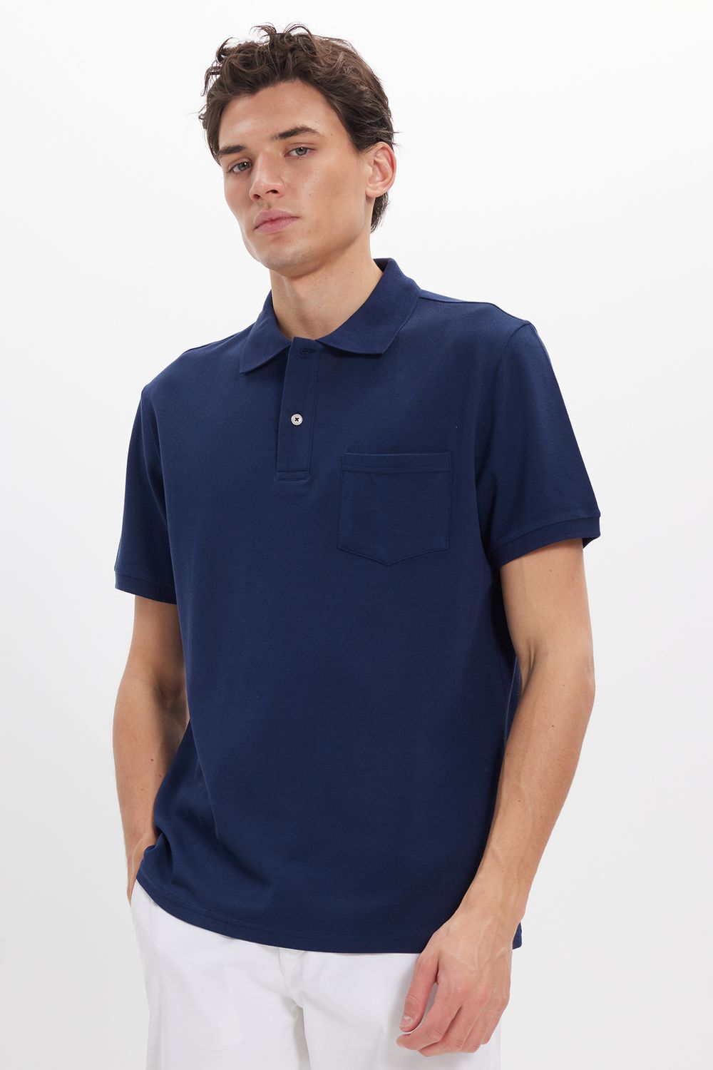 Erkek Regular Fit Klasik Kesim %100 Pamuk Düz Pike Lacivert Polo Yaka Tişört