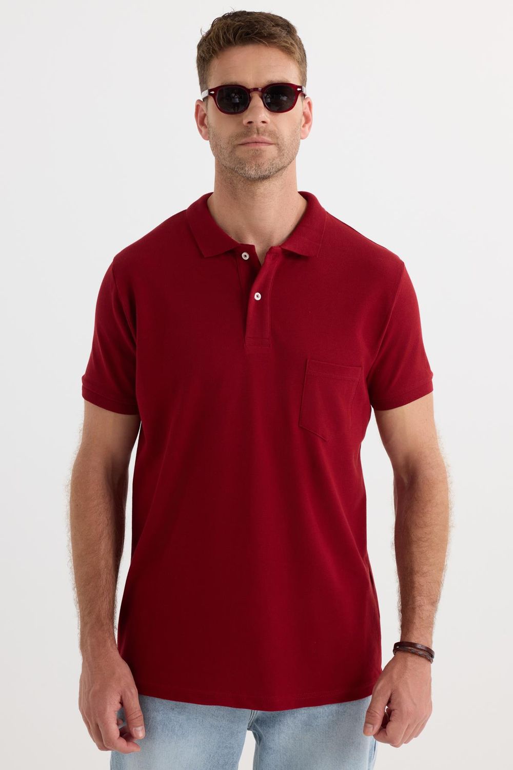 Erkek Regular Fit Klasik Kesim %100 Pamuk Düz Pike Bordo Polo Yaka Tişört
