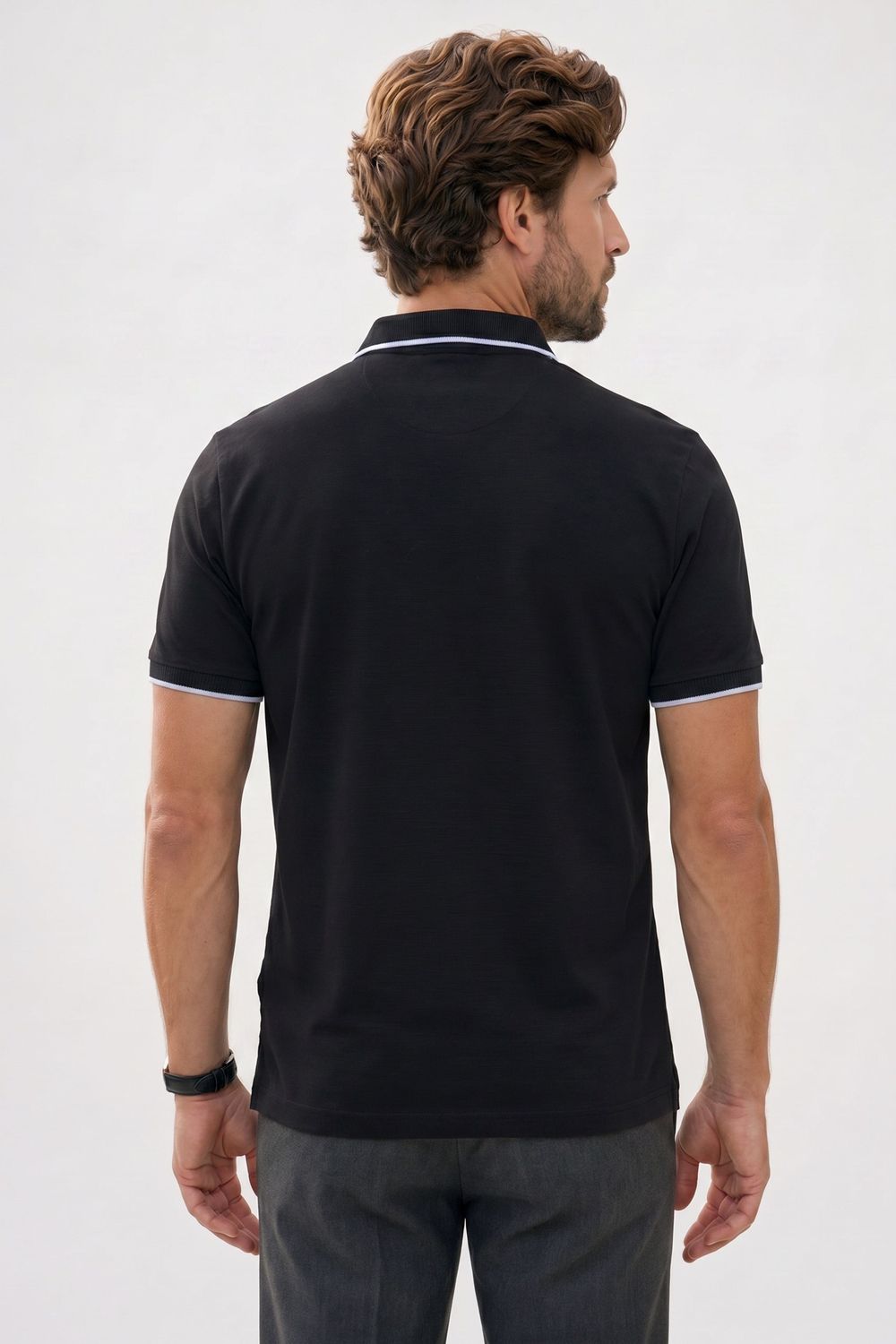 Erkek Regular Fit Rahat Kesim %100 Pamuk Kısa Kollu Çizgi Detaylı  Siyah Polo Yaka Tişört