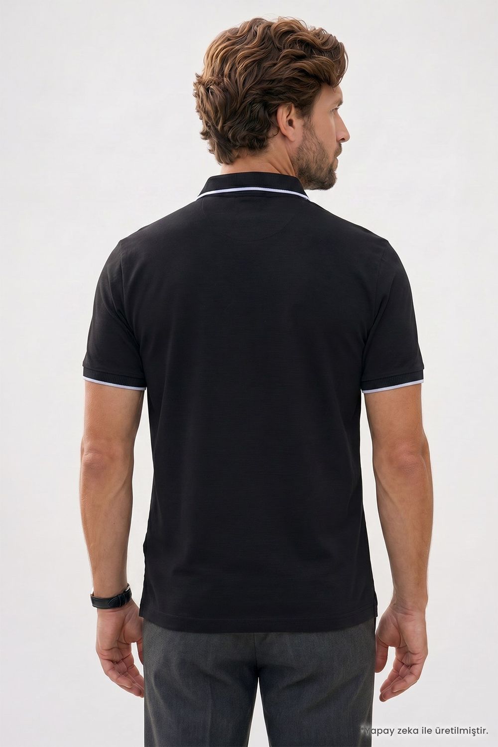 Erkek Regular Fit Rahat Kesim %100 Pamuk Kısa Kollu Çizgi Detaylı  Siyah Polo Yaka Tişört