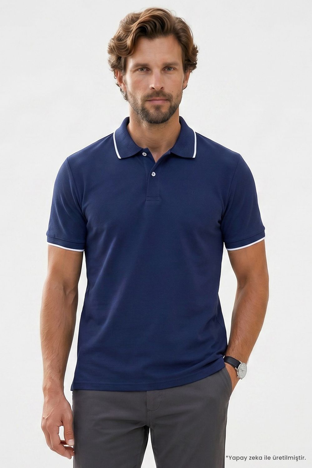 Erkek Regular Fit Rahat Kesim %100 Pamuk Kısa Kollu Çizgi Detaylı Lacivert Polo Yaka Tişört