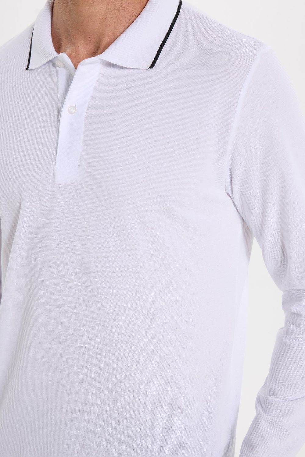 Erkek Regular Fit Rahat Kesim %100 Pamuk Uzun Kollu Düğmeli Beyaz Polo Yaka Tişört
