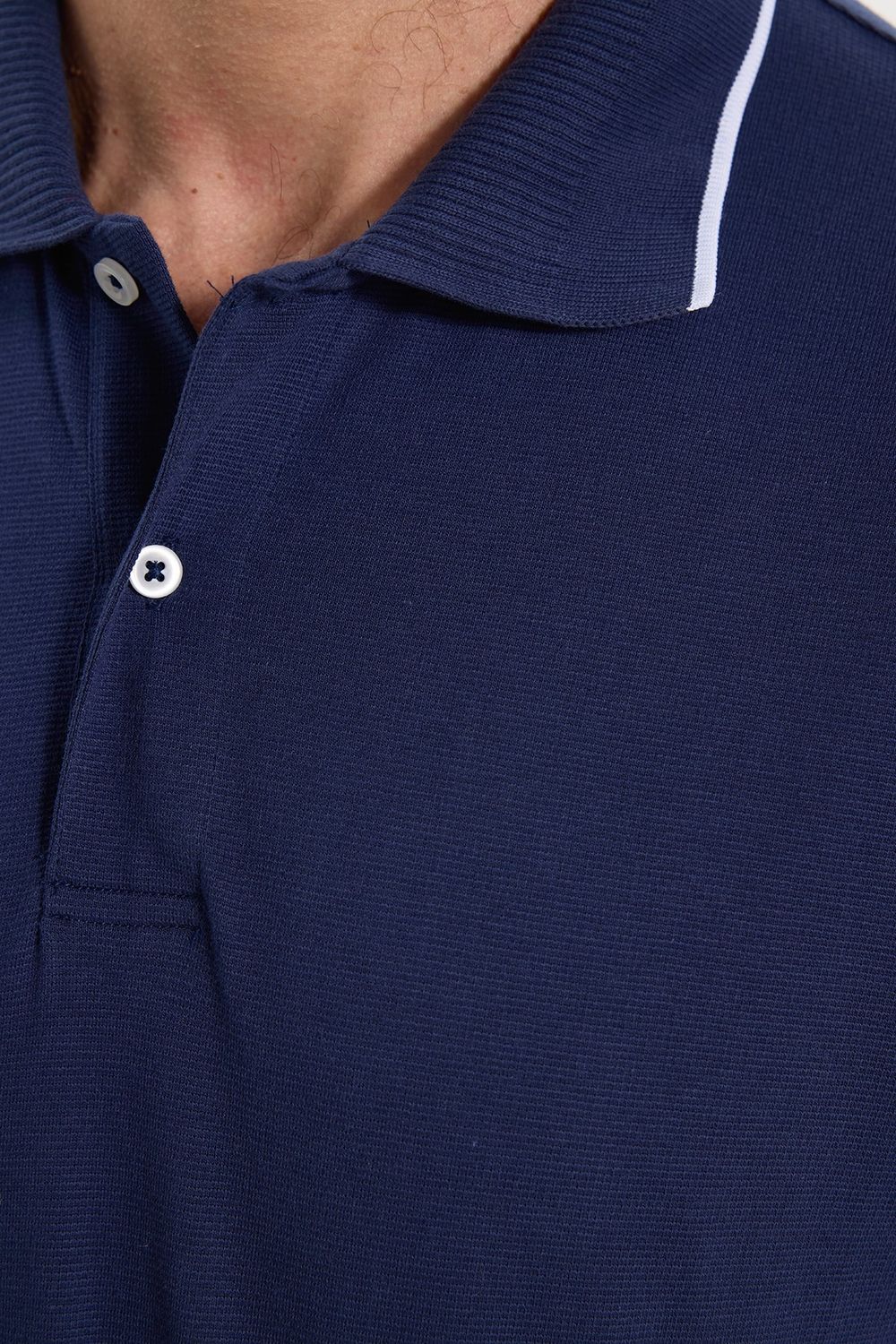 Erkek Regular Fit Rahat Kesim %100 Pamuk Uzun Kollu Düğmeli Lacivert Polo Yaka Tişört