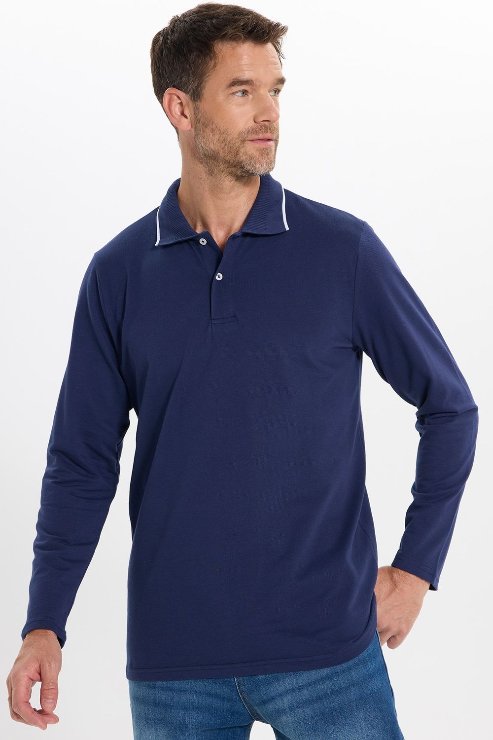 Erkek Regular Fit Rahat Kesim %100 Pamuk Uzun Kollu Düğmeli Lacivert Polo Yaka Tişört