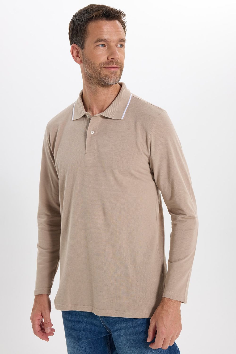 Erkek Regular Fit Rahat Kesim %100 Pamuk Uzun Kollu Düğmeli Taş Rengi Polo Yaka Tişört