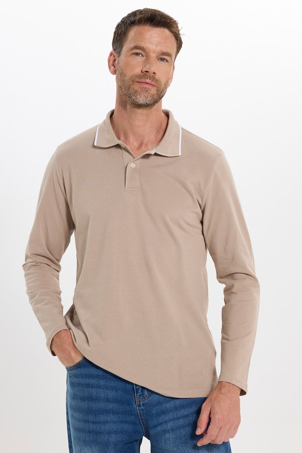 Erkek Regular Fit Rahat Kesim %100 Pamuk Uzun Kollu Düğmeli Taş Rengi Polo Yaka Tişört