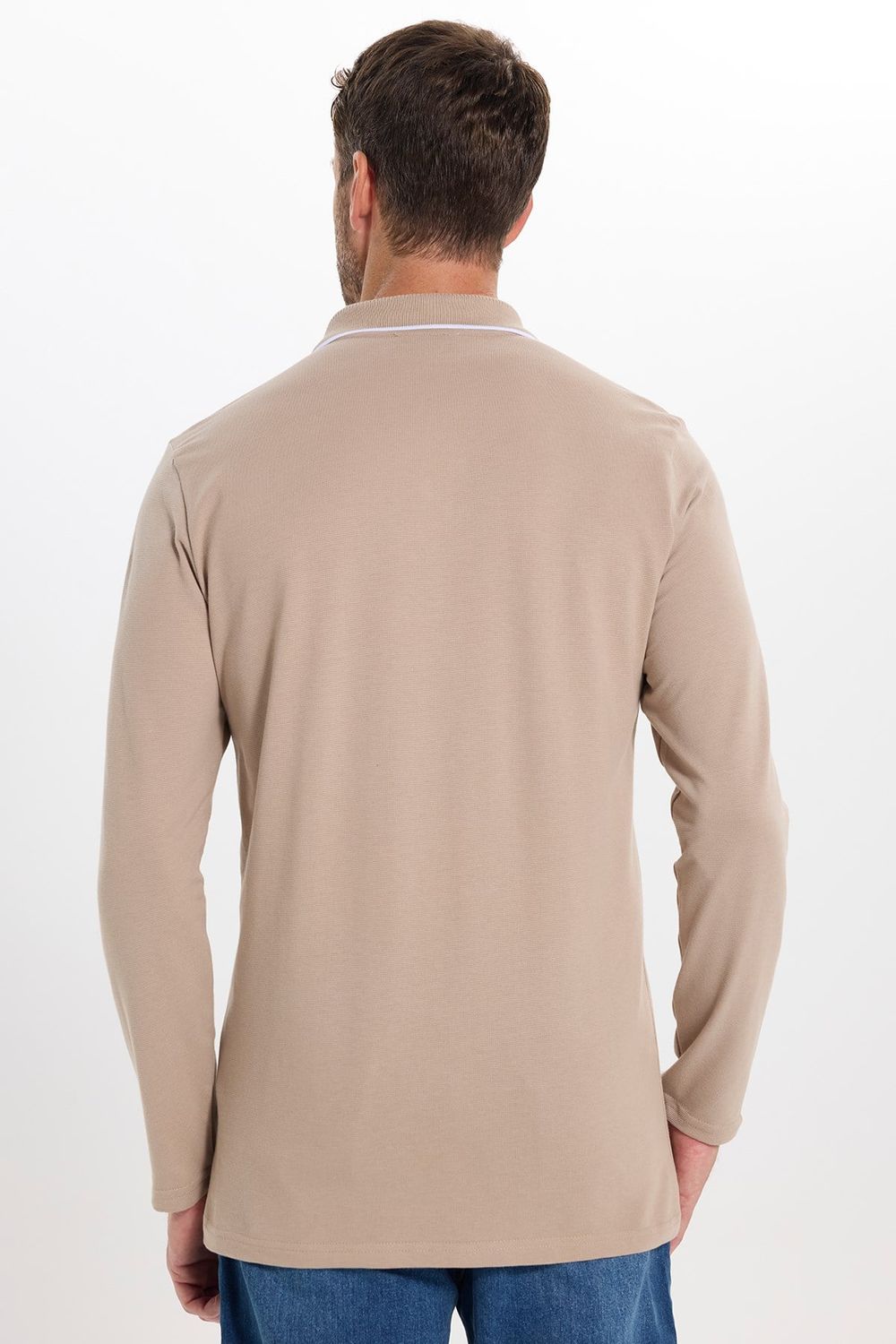 Erkek Regular Fit Rahat Kesim %100 Pamuk Uzun Kollu Düğmeli Taş Rengi Polo Yaka Tişört