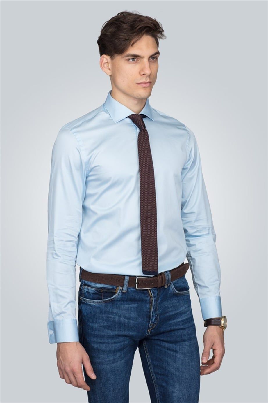 Slim Fit Dar Kesim Pamuk Saten, Erkek Gömlek