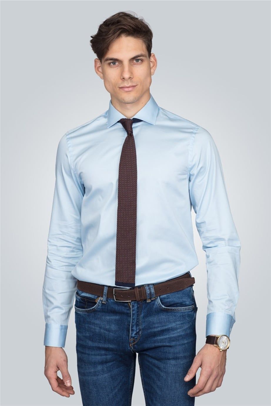 Slim Fit Dar Kesim Pamuk Saten, Erkek Gömlek