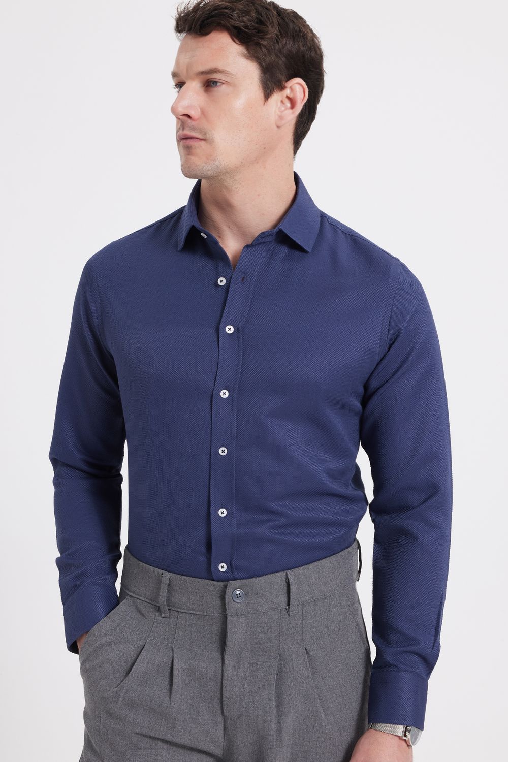 Modern Slim Fit Uzun Kollu Pamuklu Kolay Ütü Armürlü Erkek Lacivert Gömlek