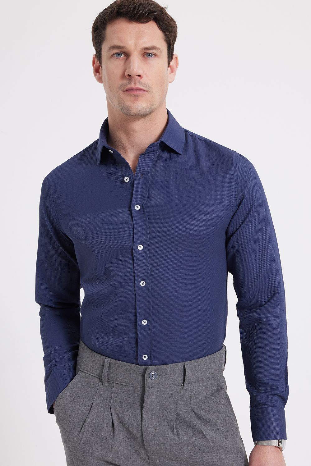 Modern Slim Fit Uzun Kollu Pamuklu Kolay Ütü Armürlü Erkek Lacivert Gömlek
