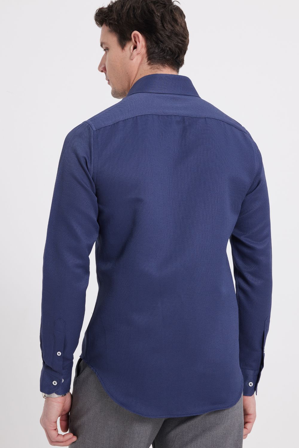 Modern Slim Fit Uzun Kollu Pamuklu Kolay Ütü Armürlü Erkek Lacivert Gömlek
