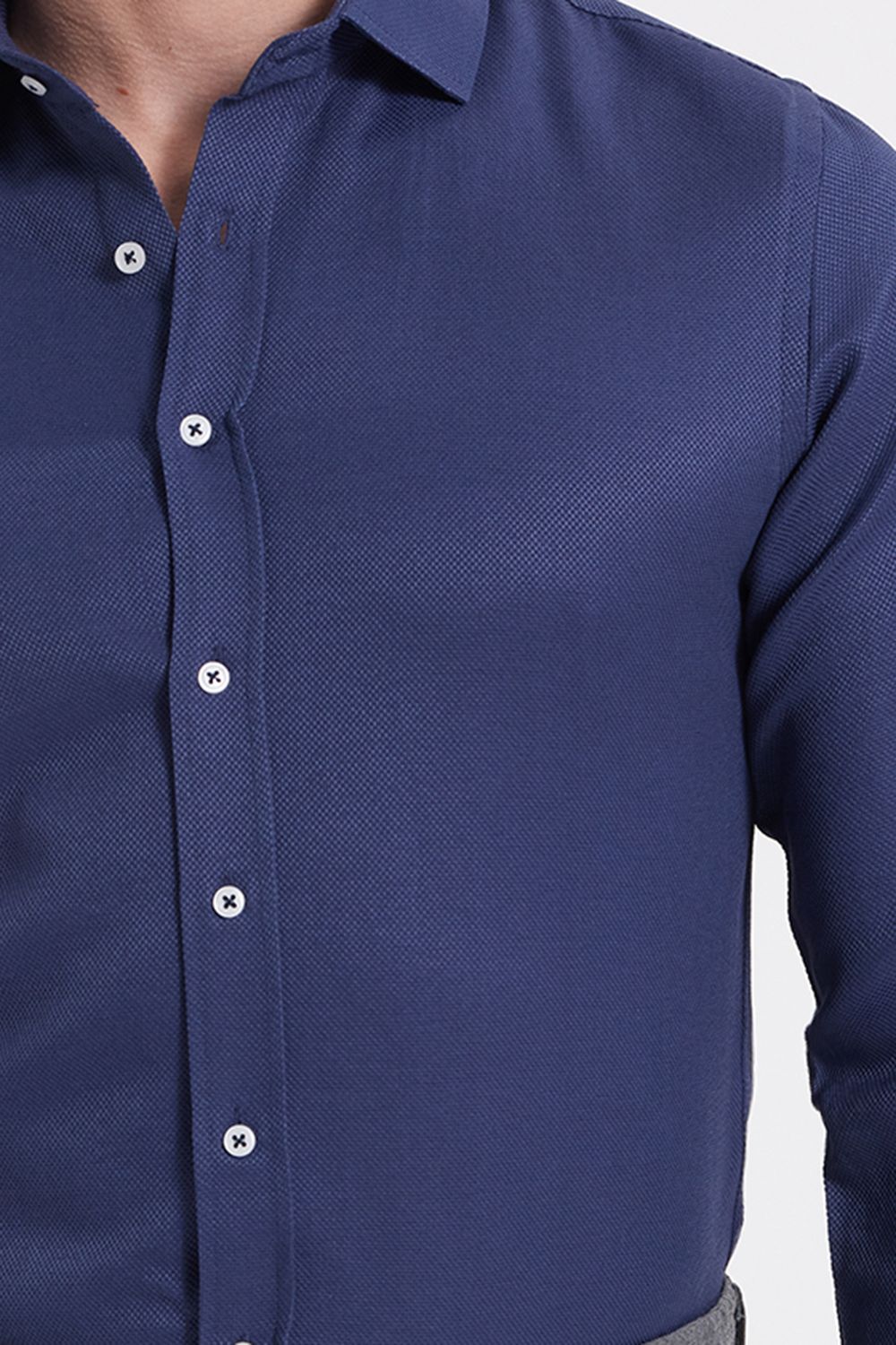 Modern Slim Fit Uzun Kollu Pamuklu Kolay Ütü Armürlü Erkek Lacivert Gömlek
