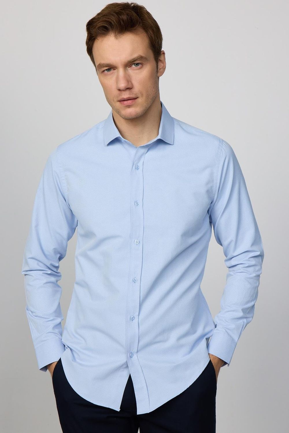 Slim Fit Pamuklu Kolay Ütü Armürlü Erkek Mavi Gömlek