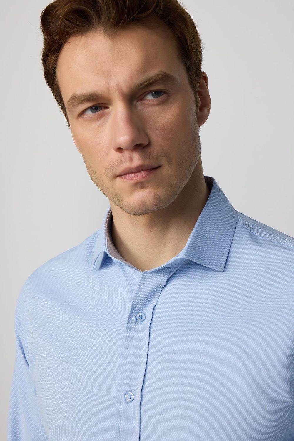Slim Fit Pamuklu Kolay Ütü Armürlü Erkek Mavi Gömlek