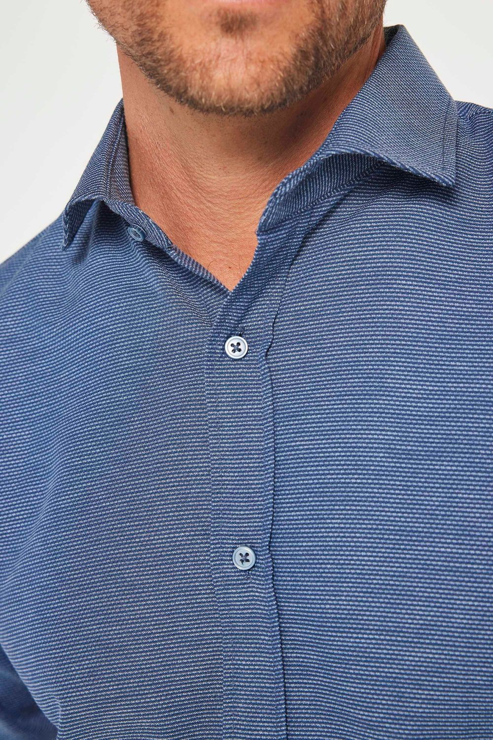 Slim Fit Uzun Kollu Pamuklu Kolay Ütü Armürlü Erkek Lacivert Gömlek
