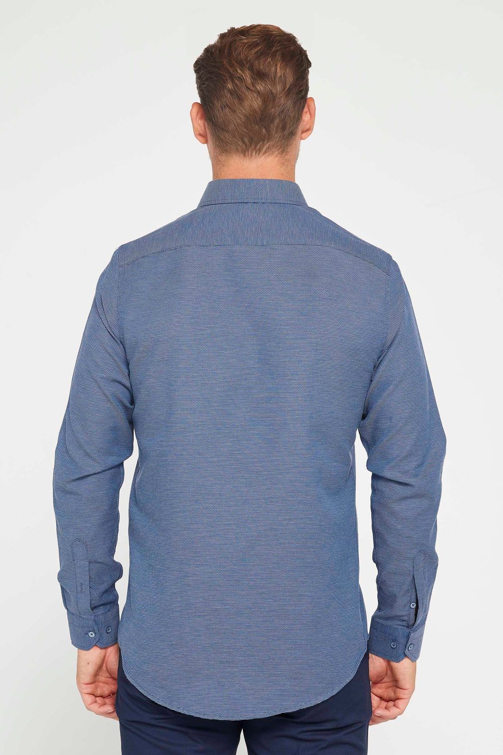 Slim Fit Uzun Kollu Pamuklu Kolay Ütü Armürlü Erkek Lacivert Gömlek