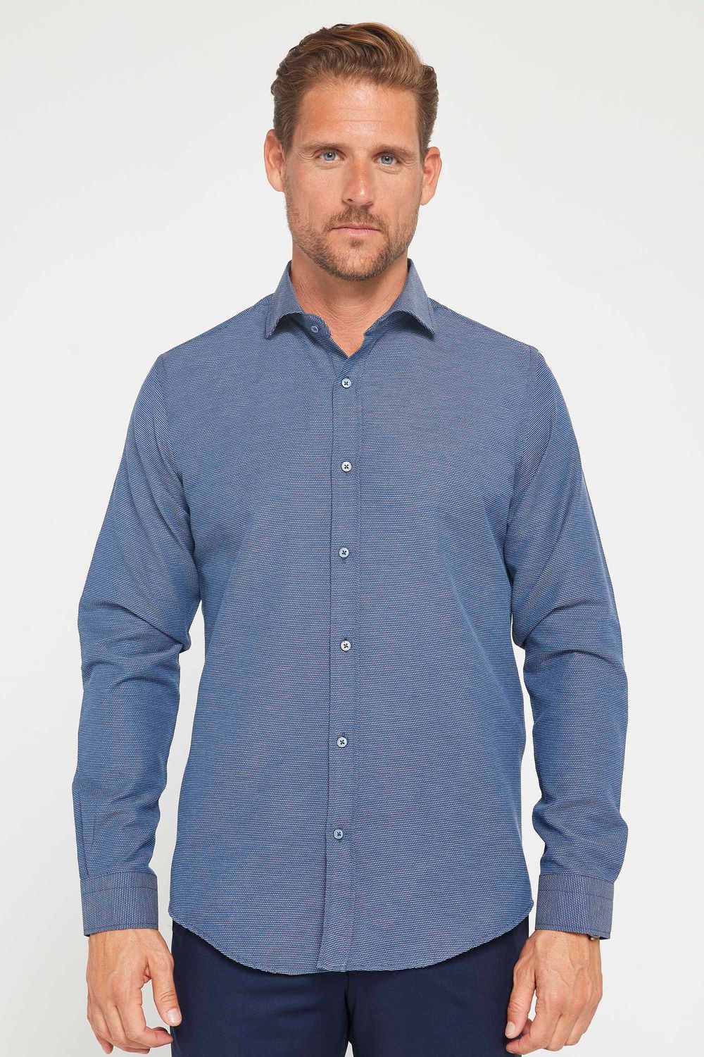 Slim Fit Uzun Kollu Pamuklu Kolay Ütü Armürlü Erkek Lacivert Gömlek