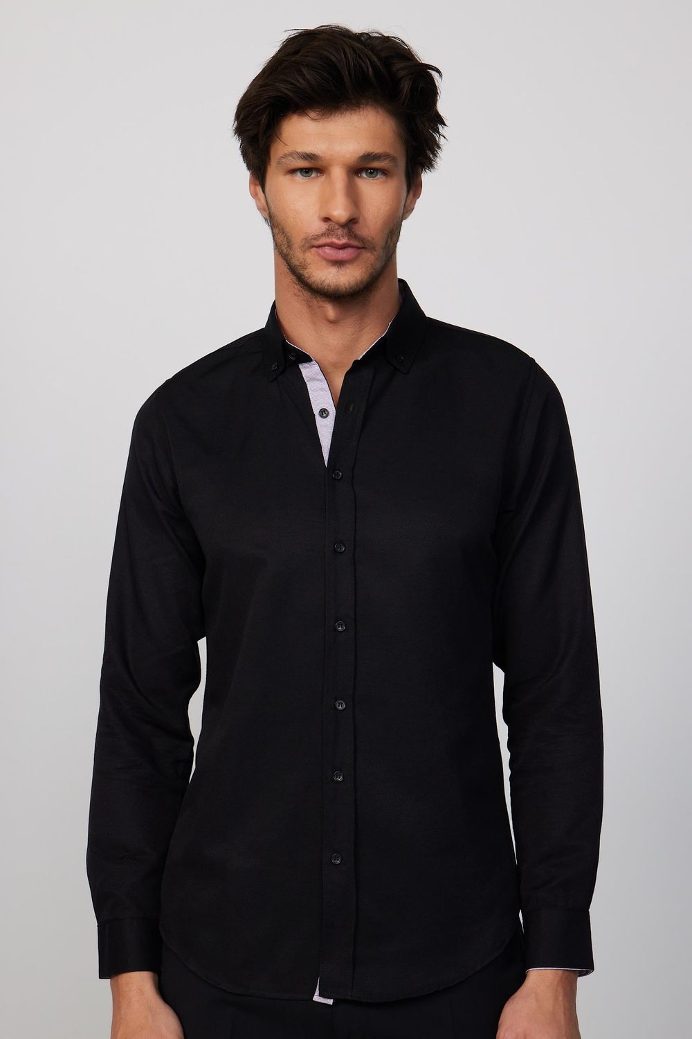 Slim Fit Düğmeli Yaka Pamuklu Kolay Ütü Düz Erkek Gömlek