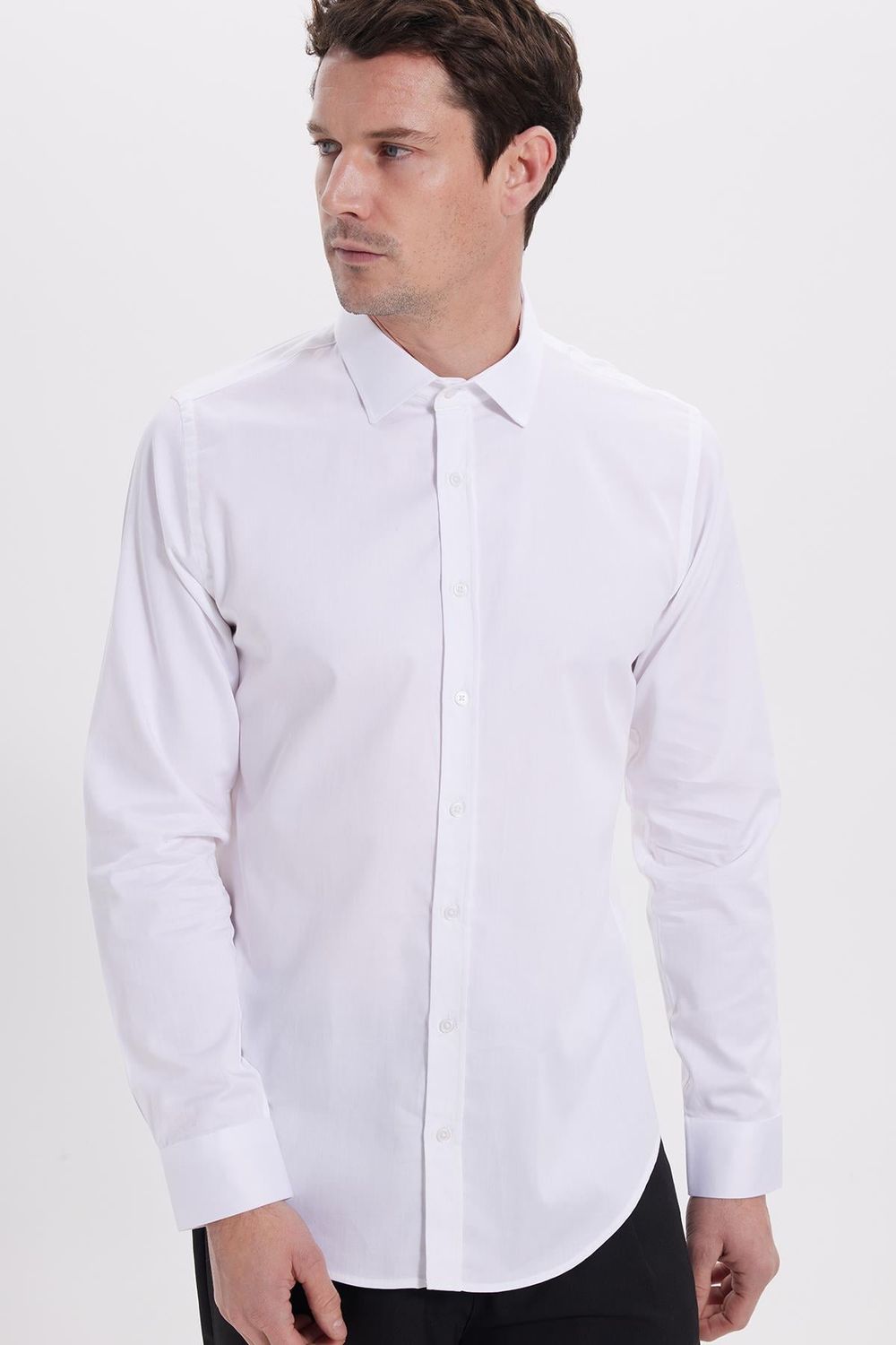 Slim Fit Uzun Kollu Pamuk Saten Erkek Beyaz Gömlek