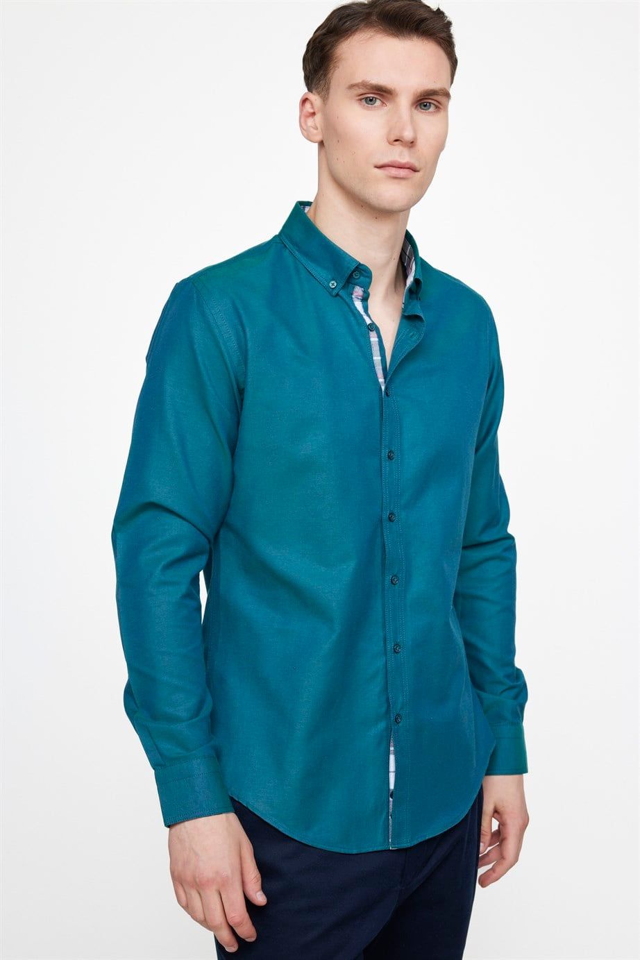Slim Fit Pamuklu Kolay Ütü Düz Erkek Yeşil Gömlek