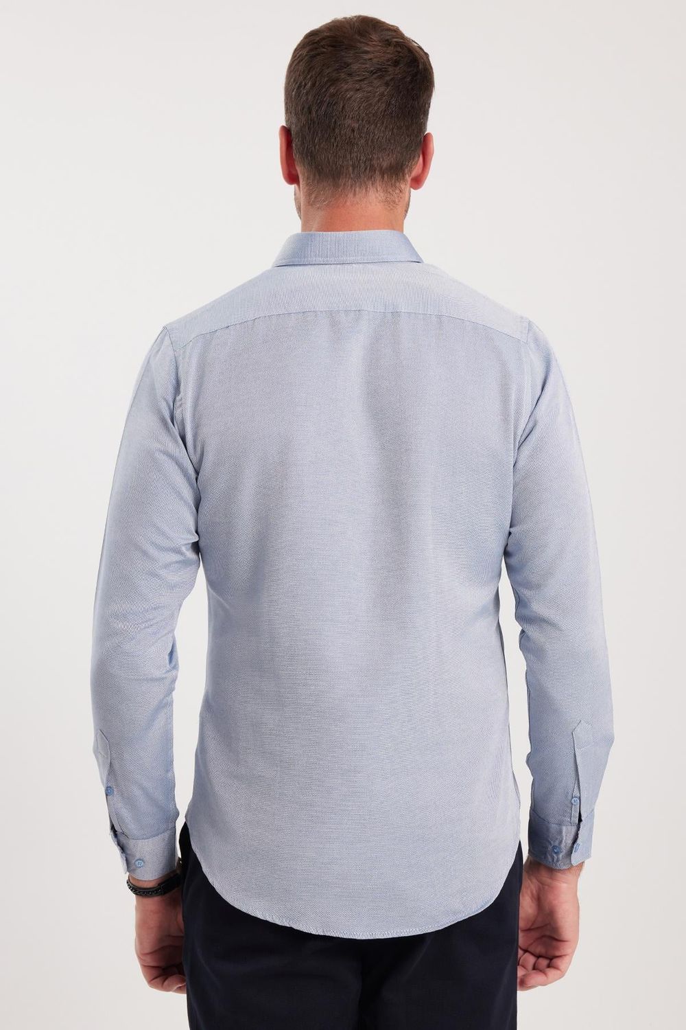 Erkek Slim Fit Dar Kesim Uzun Kollu Pamuklu Oxford Doku Kolay Ütülenebilir Gri Düğmeli Yaka Gömlek