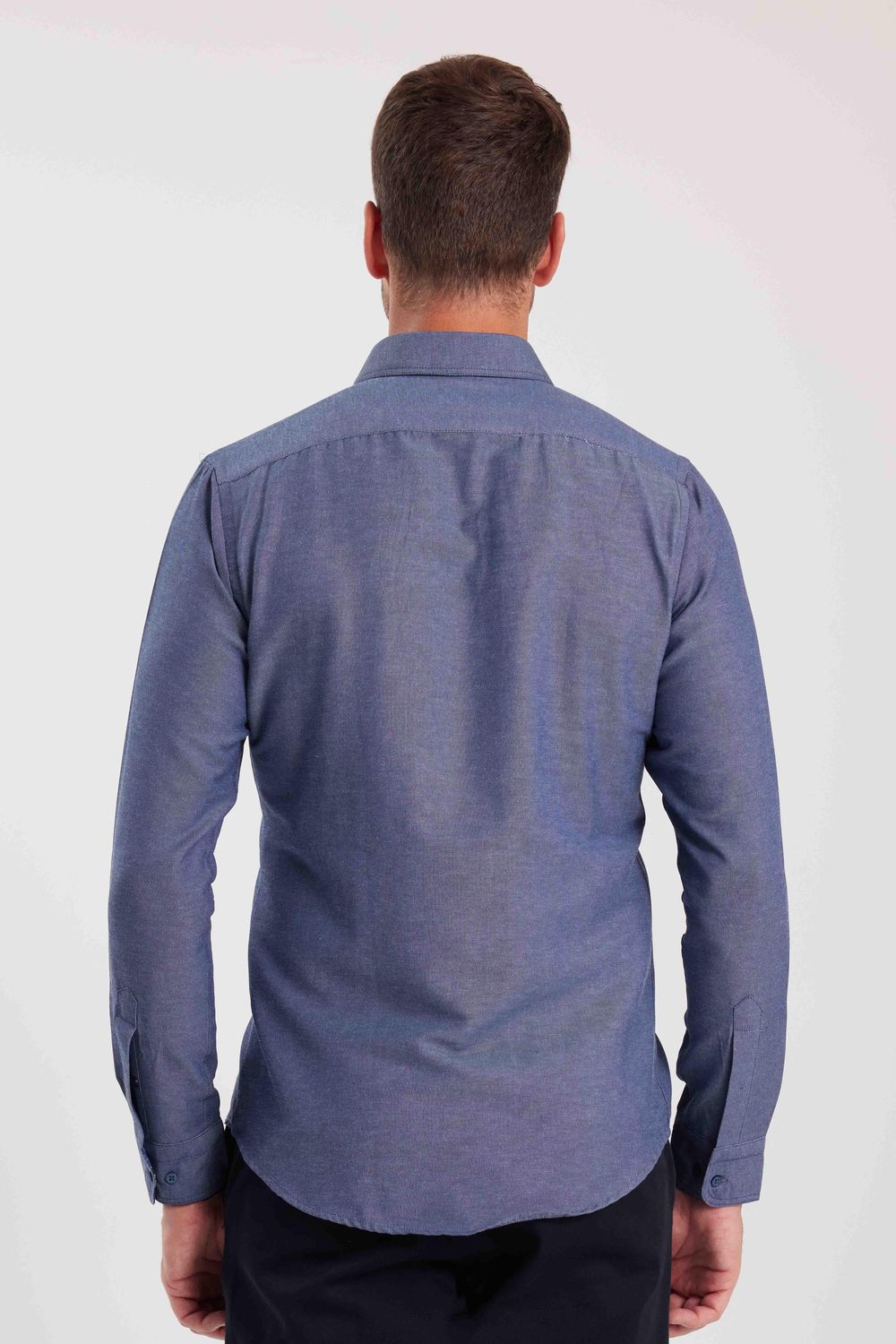 Erkek Slim Fit Dar Kesim Uzun Kollu Pamuklu Oxford Doku Lacivert Düğmeli Yaka Gömlek