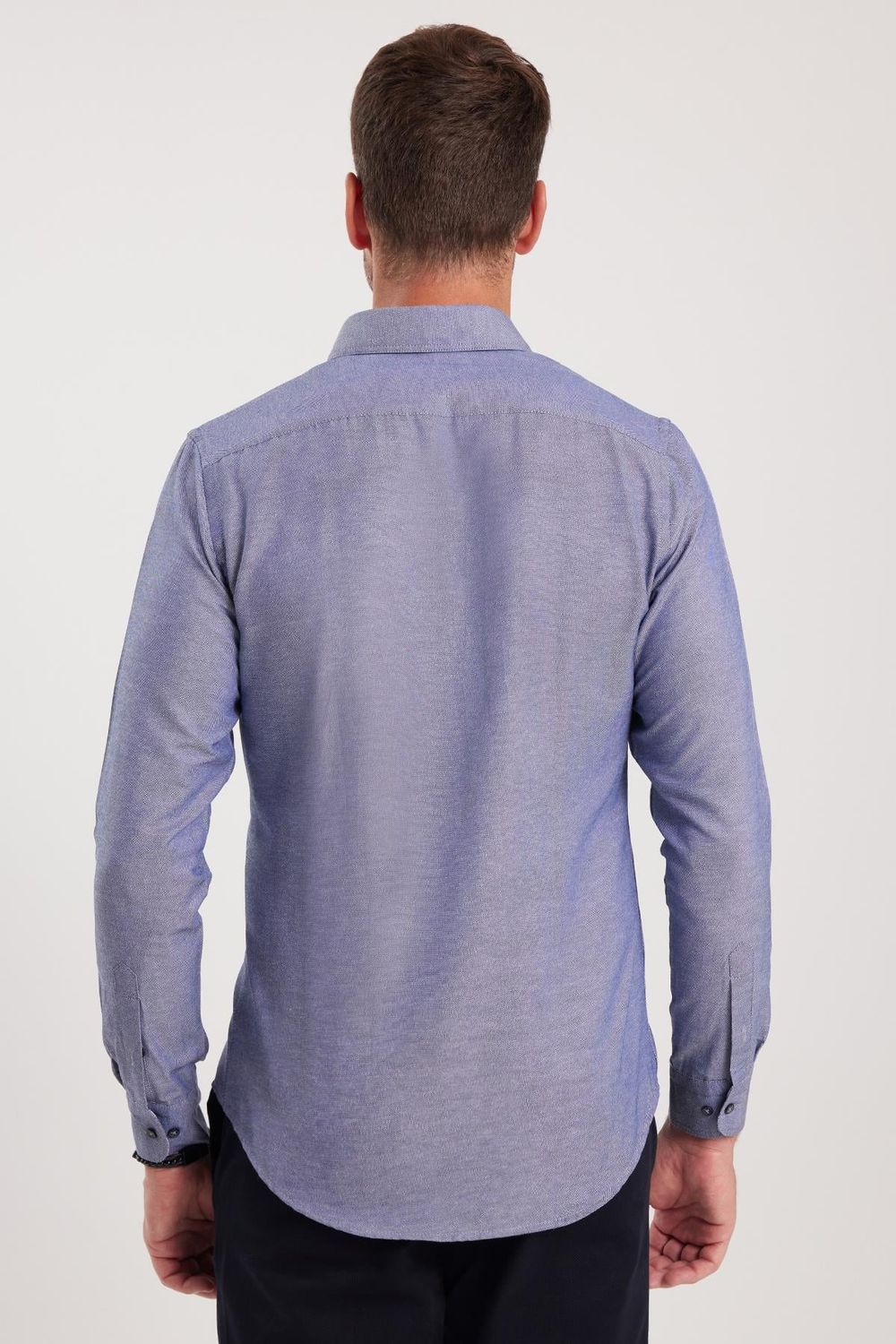 Erkek Slim Fit Dar Kesim Uzun Kollu Pamuklu Oxford Doku Lacivert Düğmeli Yaka Gömlek