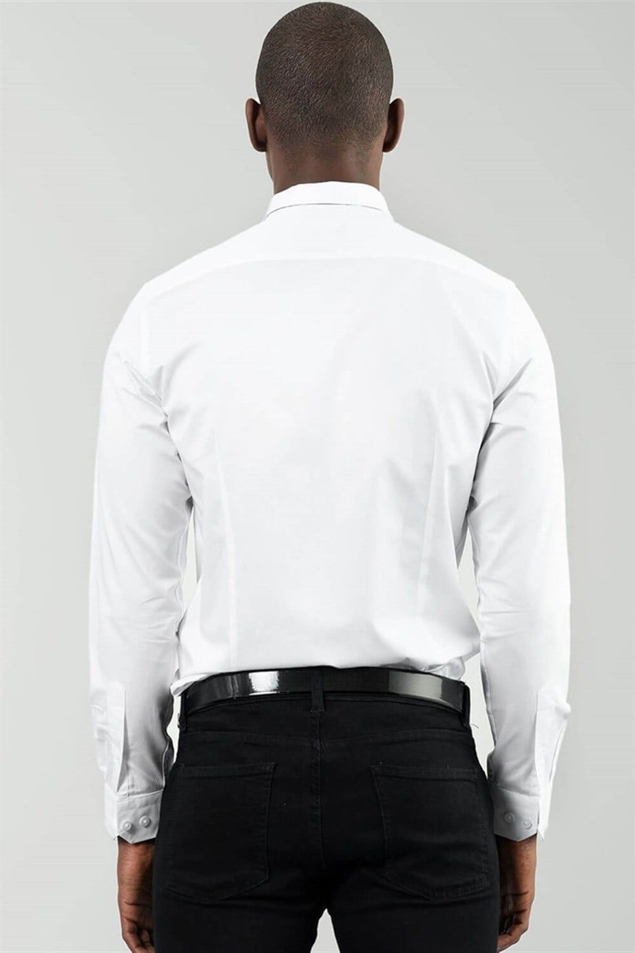 Slim Fit Uzun Kollu Düz İnce Pamuk Saten Erkek Beyaz Gömlek