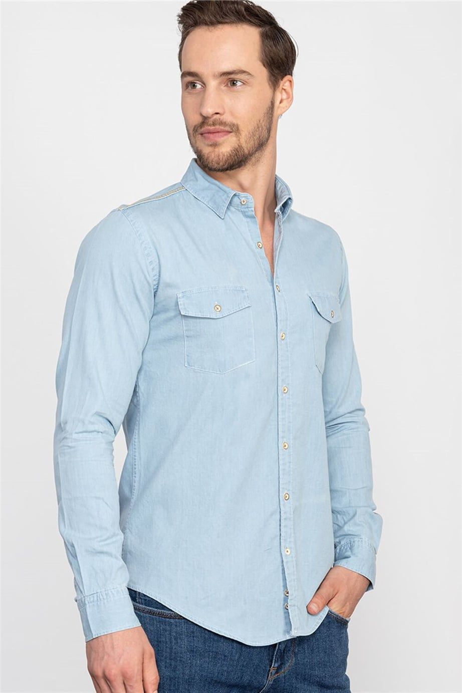 Slim Fit Dar Kesim Uzun Kol Çift Cep Erkek Kot Gömlek