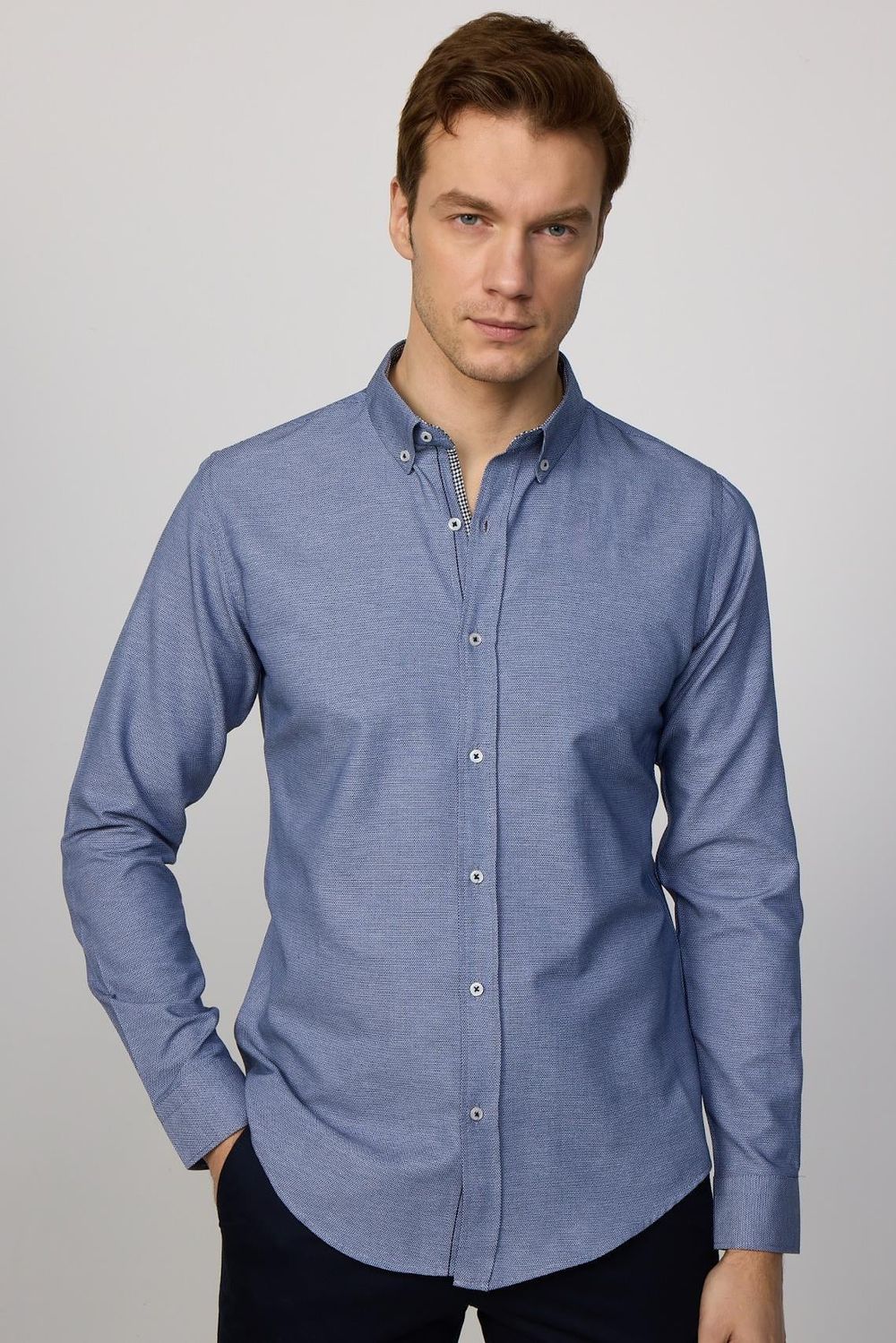 Slim Fit Düğmeli Yaka Pamuklu Kolay Ütü Düz Erkek Gömlek