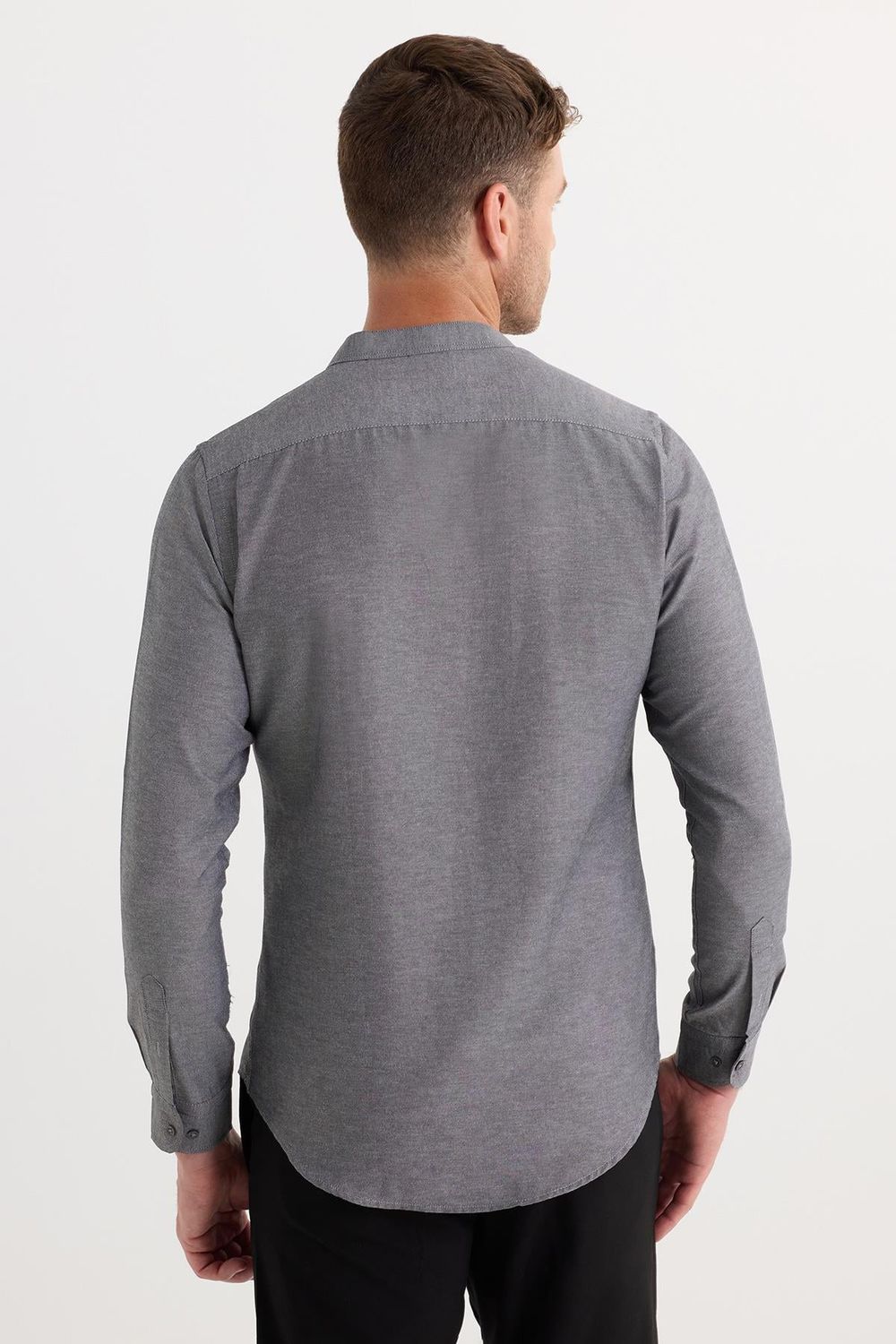 Slim Fit Uzun Kollu Hakim Yaka Pamuklu Kolay Ütü Erkek Gri Gömlek