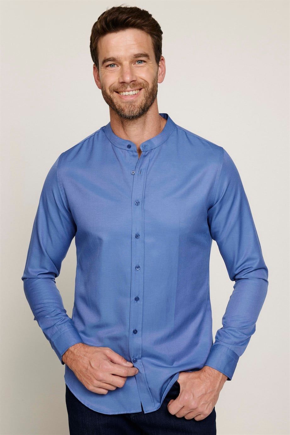 Slim Fit Hakim Yaka Pamuklu Kolay Ütü Erkek Mavi Gömlek