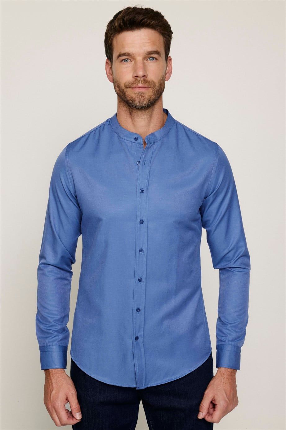 Slim Fit Hakim Yaka Pamuklu Kolay Ütü Erkek Mavi Gömlek