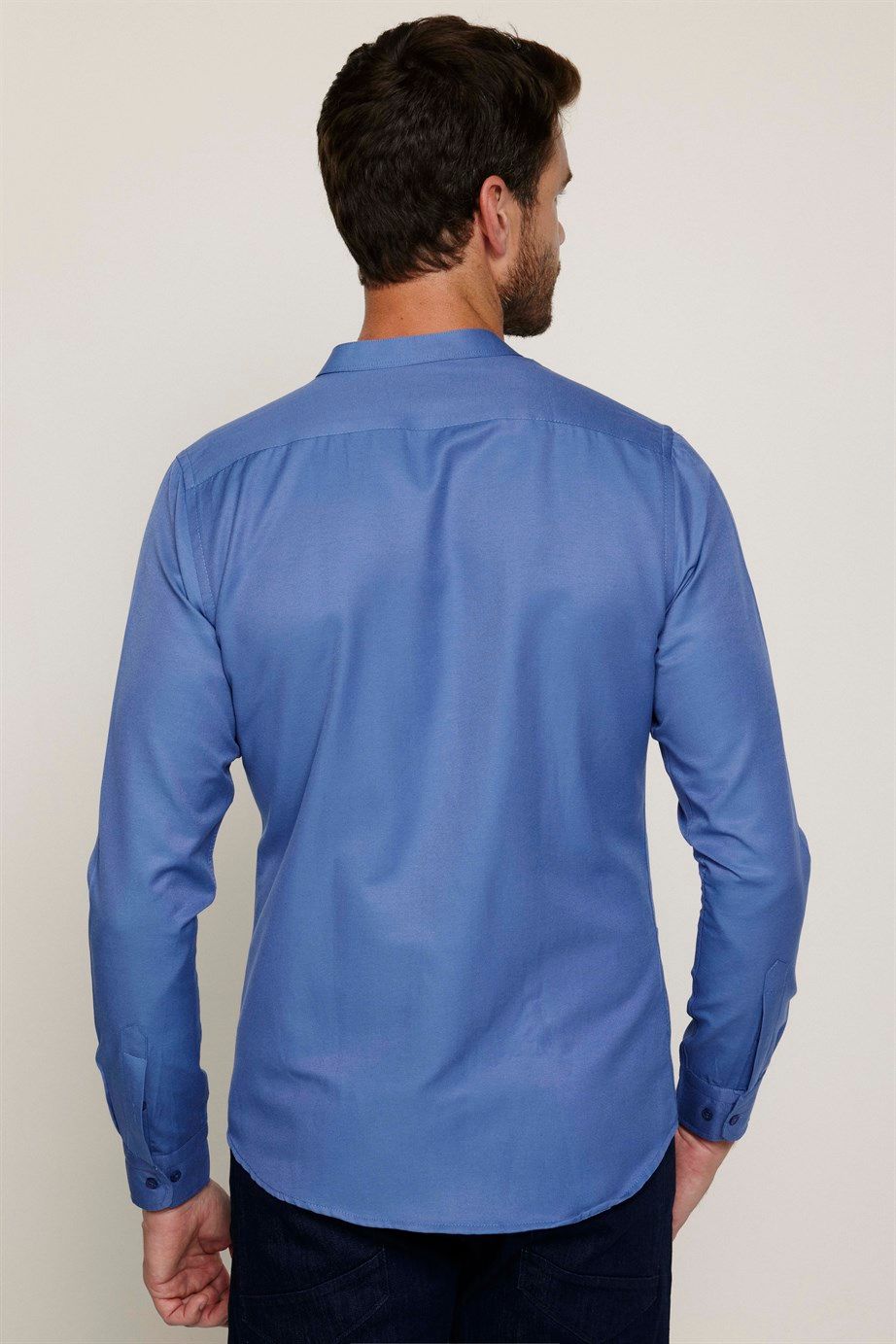 Slim Fit Hakim Yaka Pamuklu Kolay Ütü Erkek Mavi Gömlek