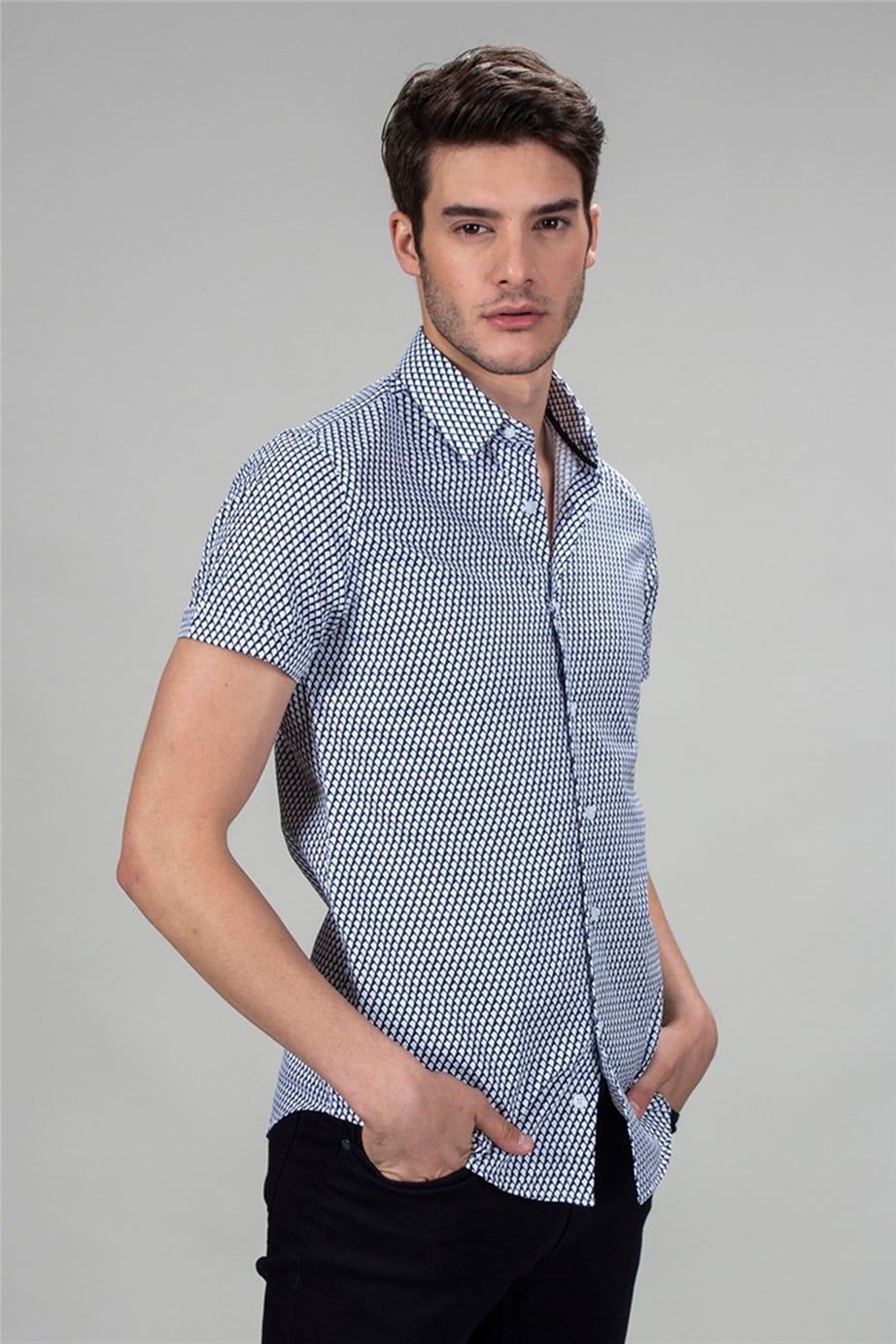Slim Fit Dar Kesim Kısa Kol Armürlü Spor Erkek Gömlek
