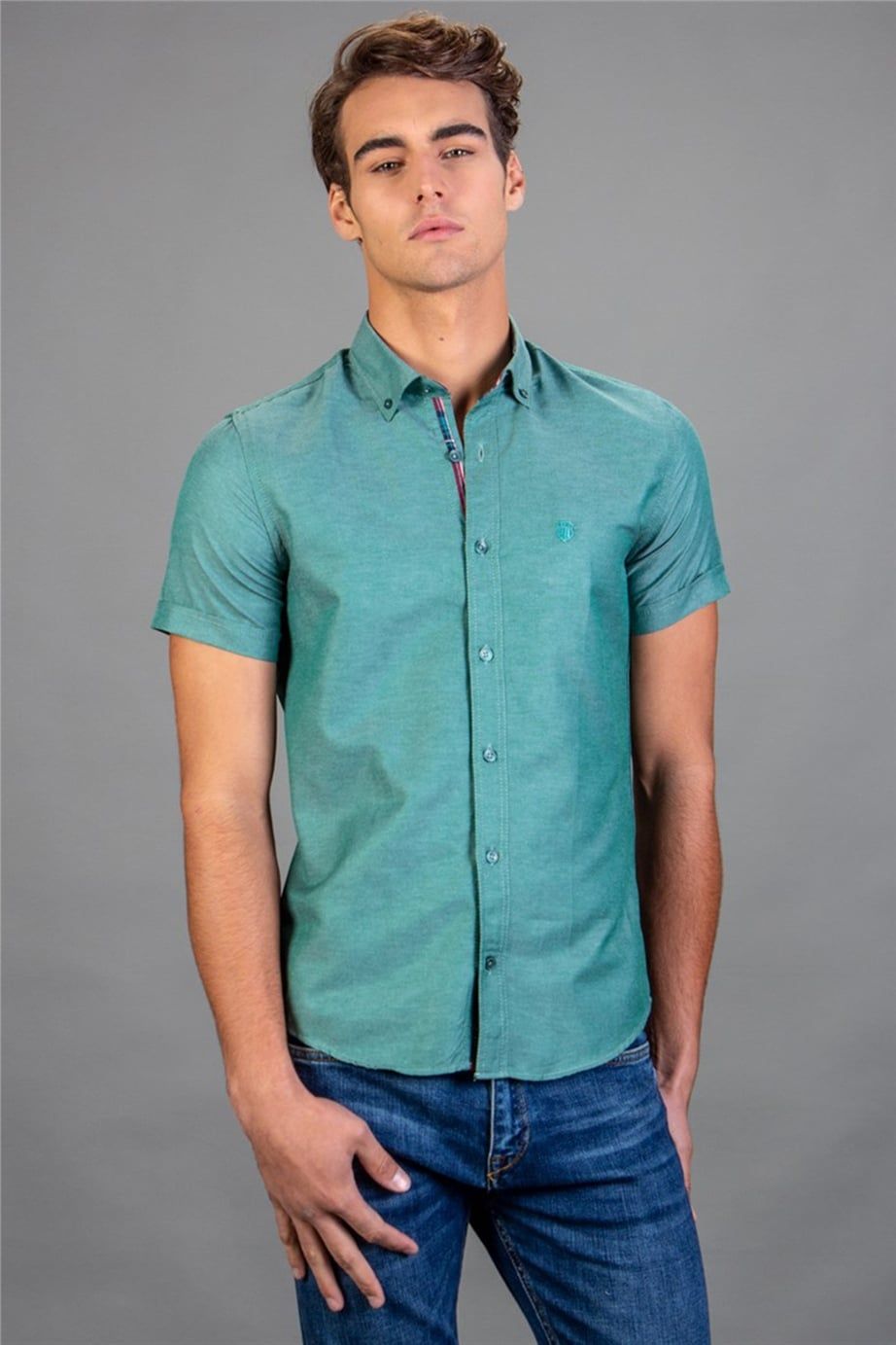 Slim Fit Dar Kesim Kısa Kol Poplin Oxford Erkek Gömlek