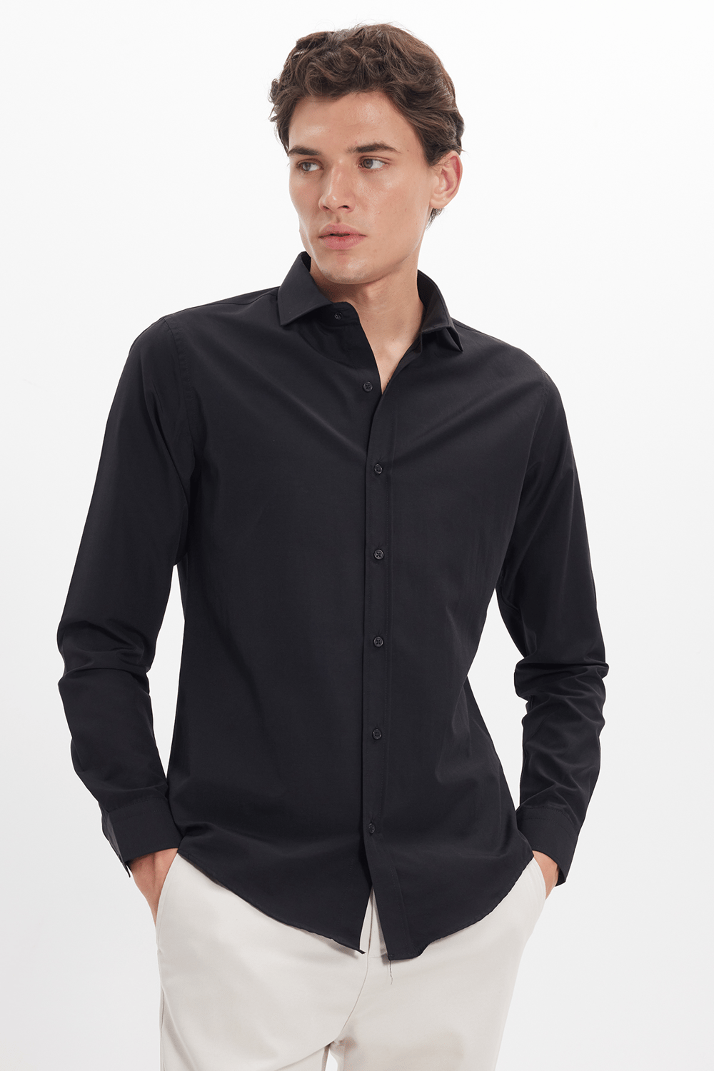 Slim Fit Uzun Kollu Pamuklu Kolay Ütü Siyah Erkek Gömlek