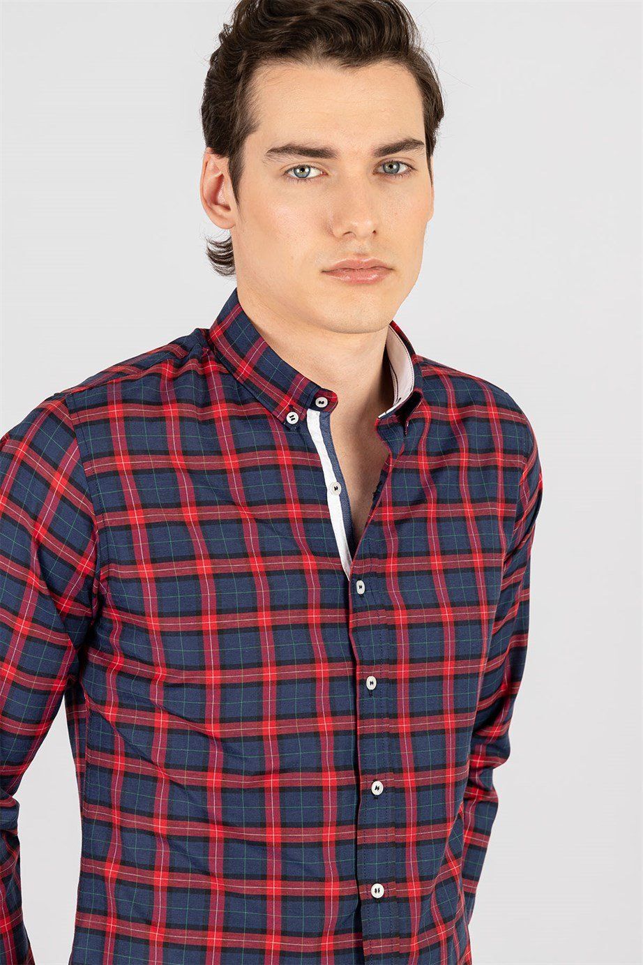 Slim Fit Dar Kesim Kareli Erkek Gömlek