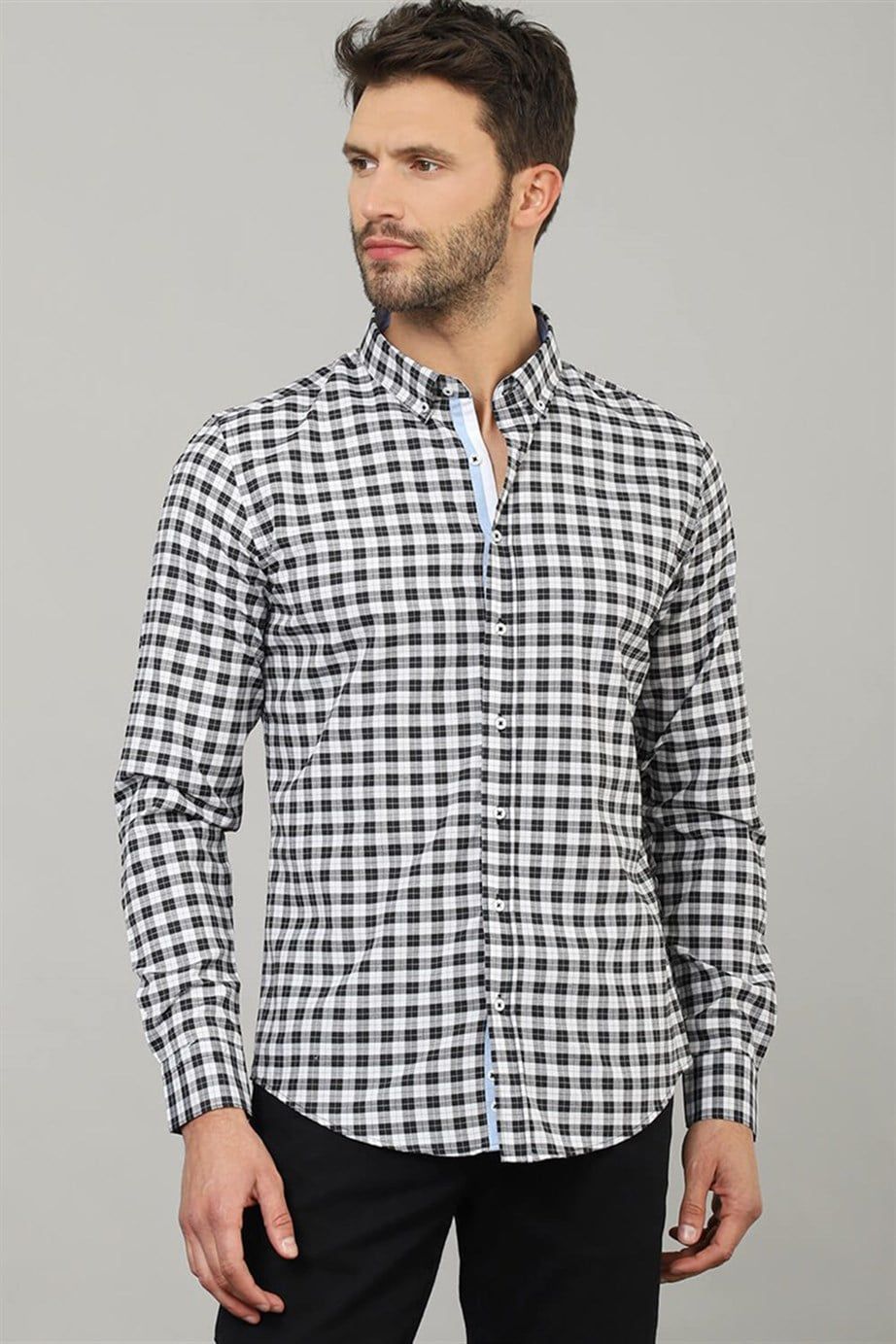 Slim Fit Dar Kesim Kareli Erkek Gömlek