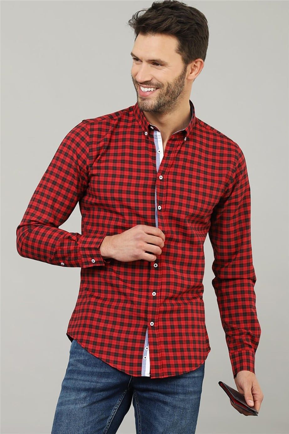 Slim Fit Dar Kesim Kareli Erkek Gömlek