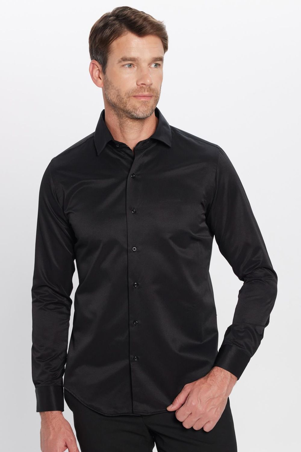 Erkek Slim Fit Dar Kesim Pamuklu Düz Siyah Gömlek