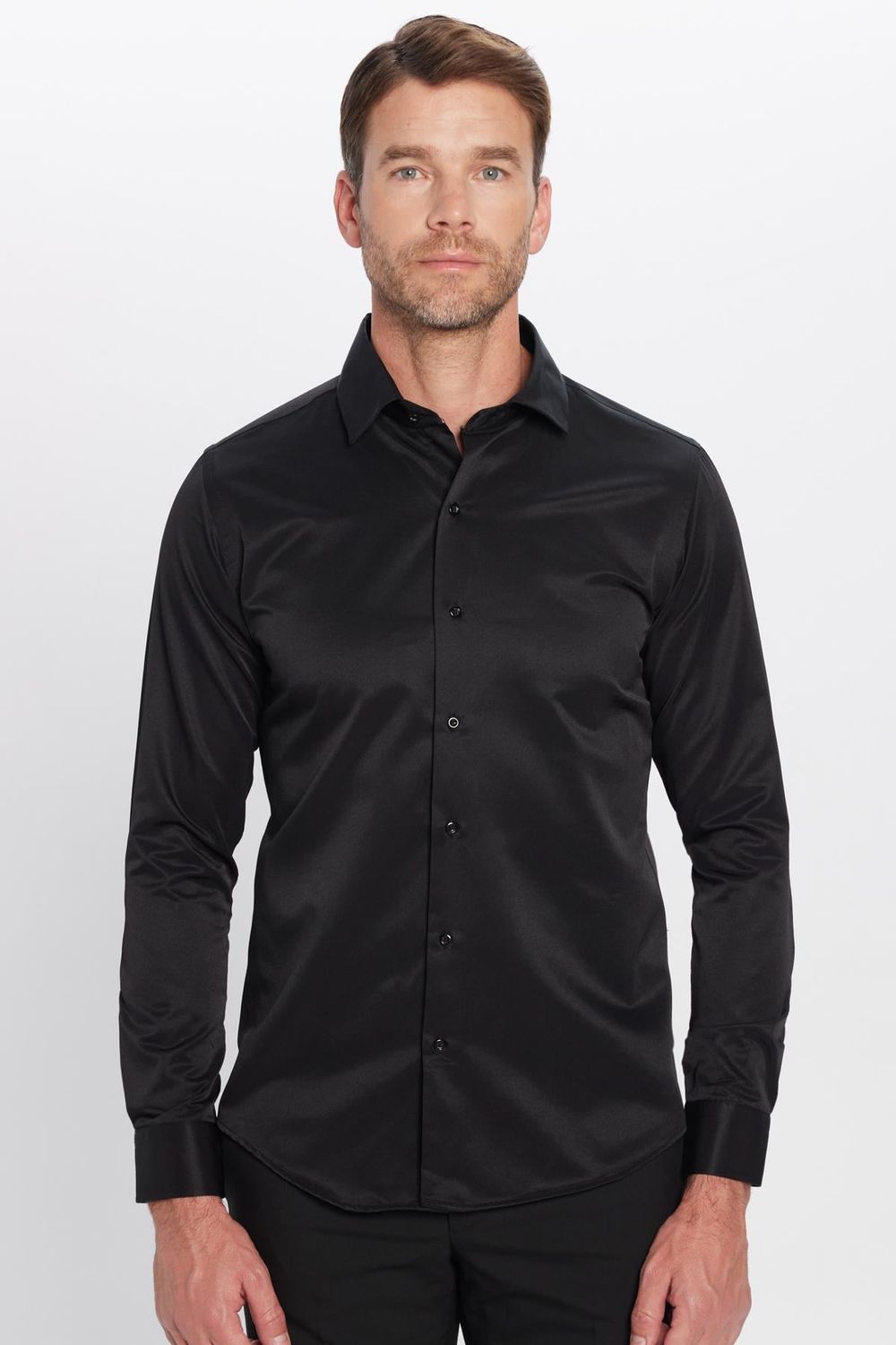 Erkek Slim Fit Dar Kesim Pamuklu Düz Siyah Gömlek
